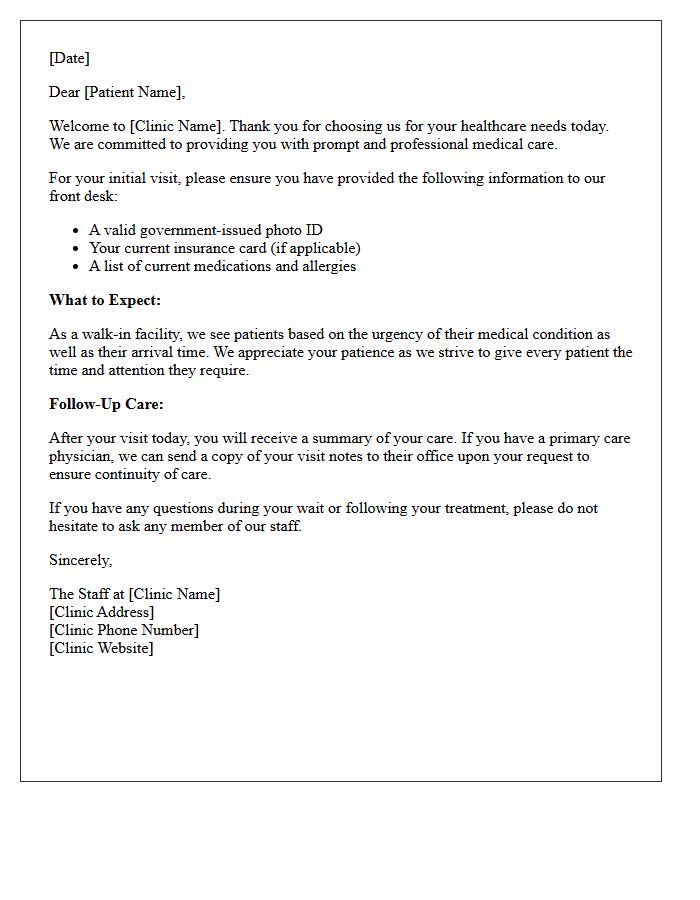 Walk-In Clinic Initial Visit Welcome Letter