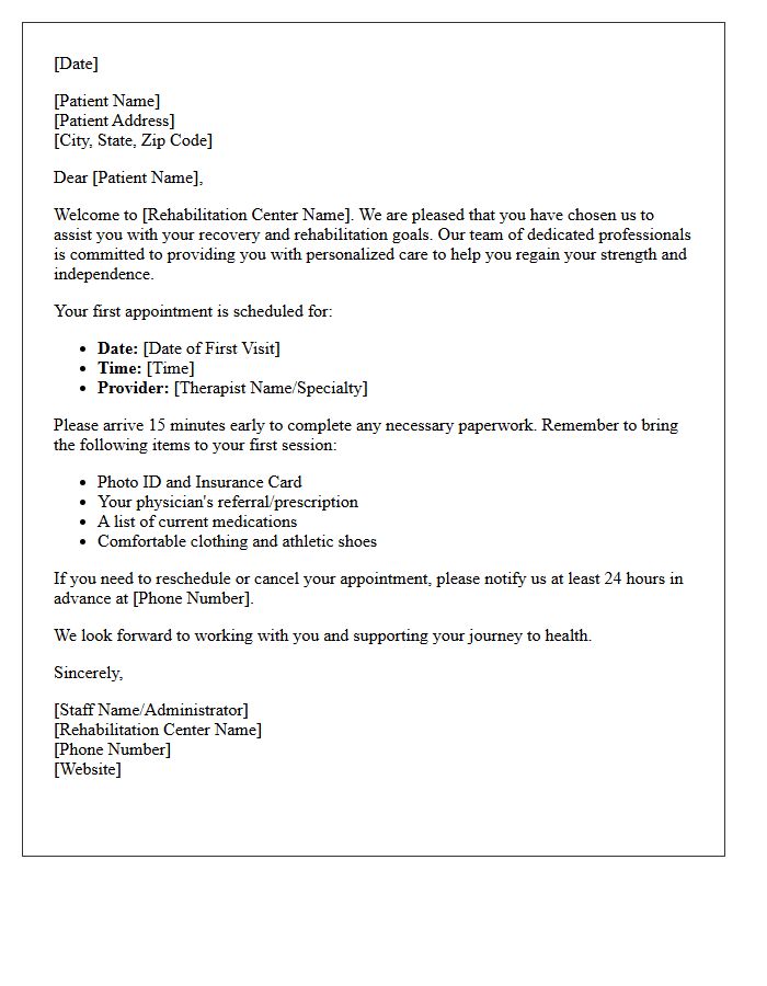 Outpatient Rehabilitation Center Welcome Letter