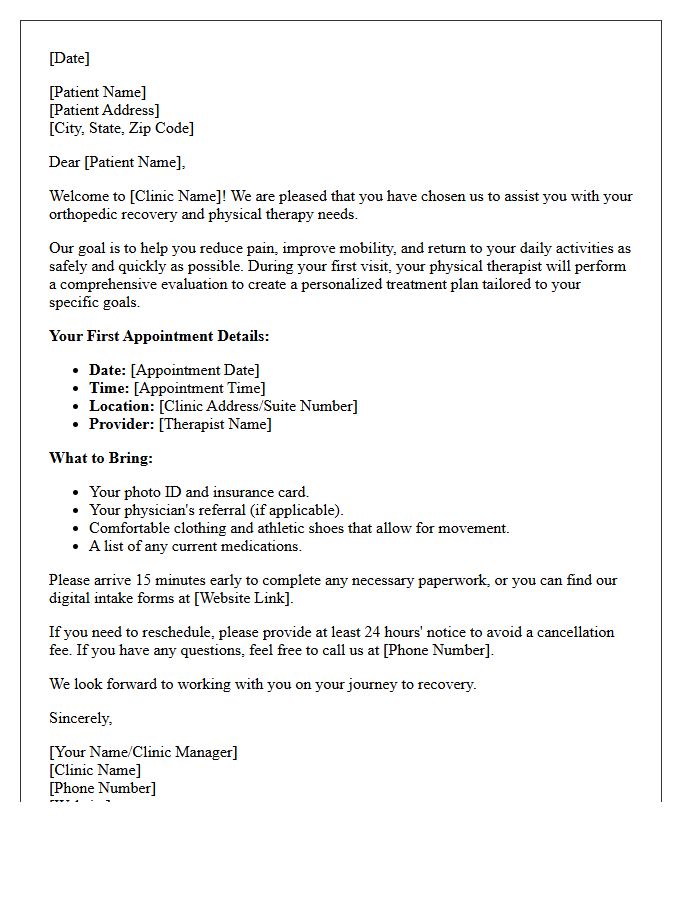 Orthopedic Physical Therapy Clinic Welcome Letter
