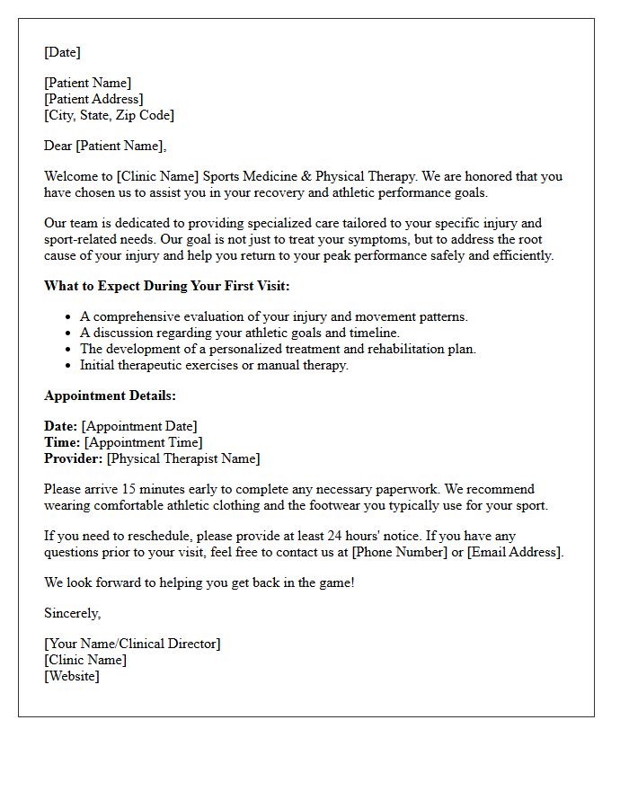 Sports Medicine Physical Therapy Welcome Letter