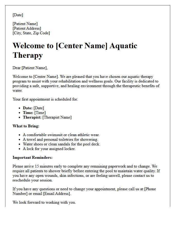 Aquatic Therapy Center Welcome Letter