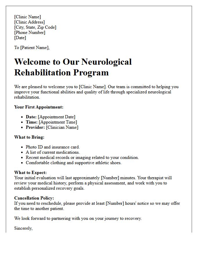 Neurological Rehabilitation Outpatient Welcome Letter