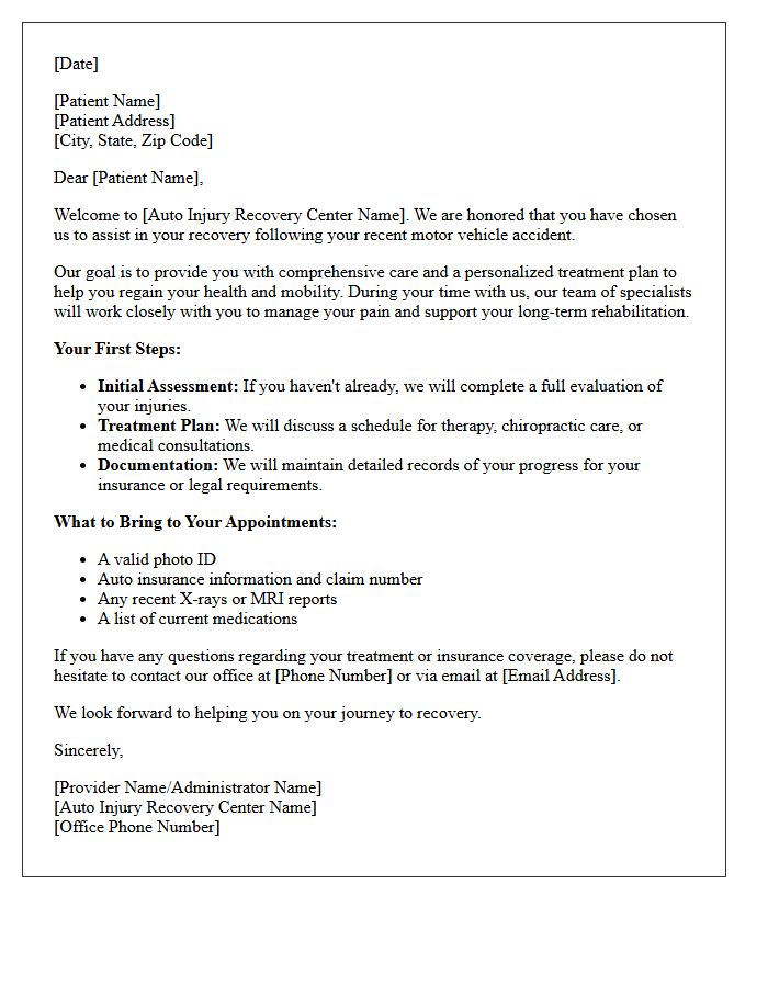 Auto Injury Recovery Center Welcome Letter