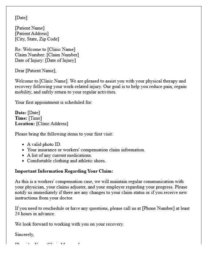Workers Compensation Physical Therapy Welcome Letter