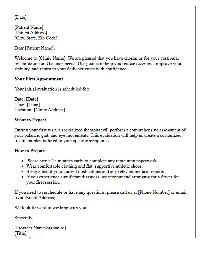 Vestibular Rehabilitation Clinic Welcome Letter