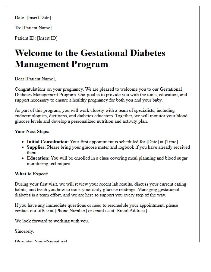 Gestational Diabetes Program Welcome Letter