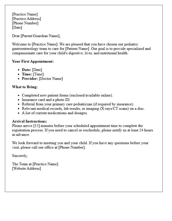 Pediatric Gastroenterology New Patient Welcome Letter
