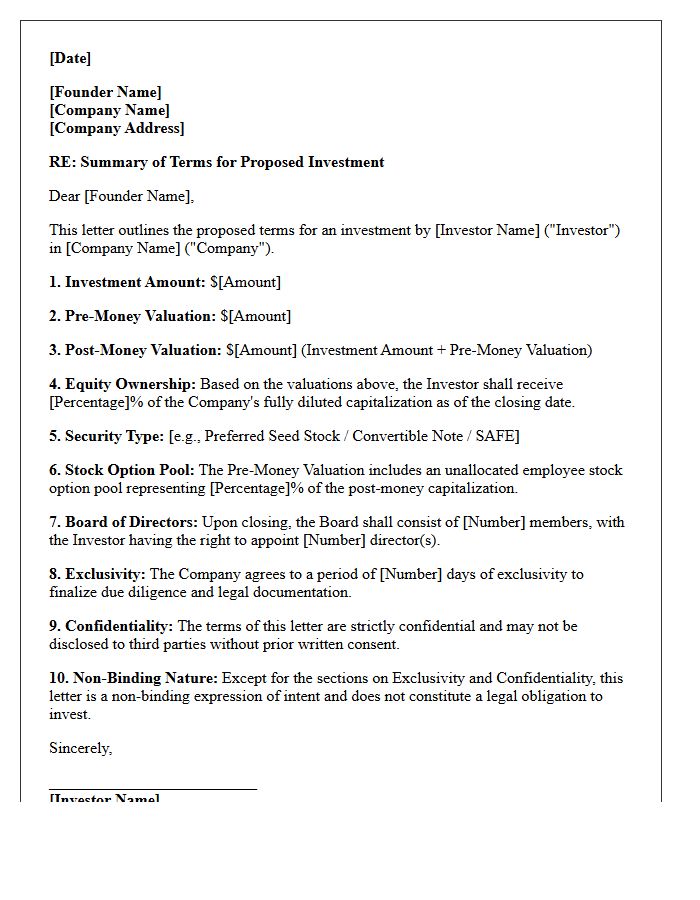 Pre-Money Valuation and Equity Ownership Letter of Terms