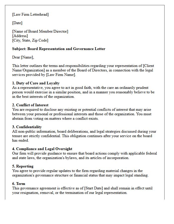 Law Firm Board Representation Letter of Governance