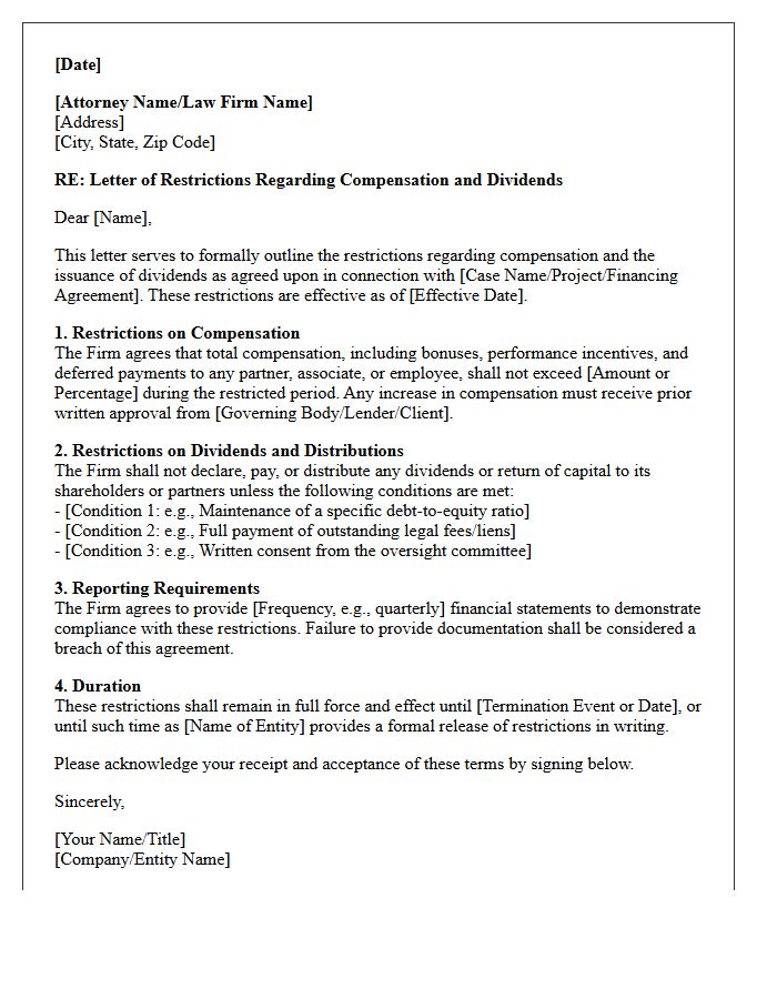Attorney Compensation and Dividend Letter of Restrictions
