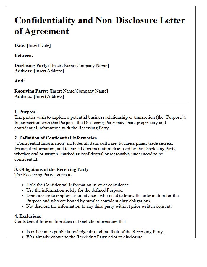 Binding Confidentiality and Non-Disclosure Letter of Agreement