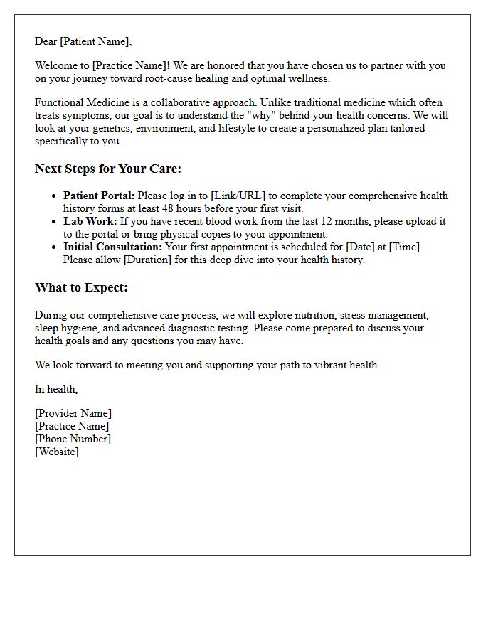 Functional Medicine Comprehensive Care Welcome Letter