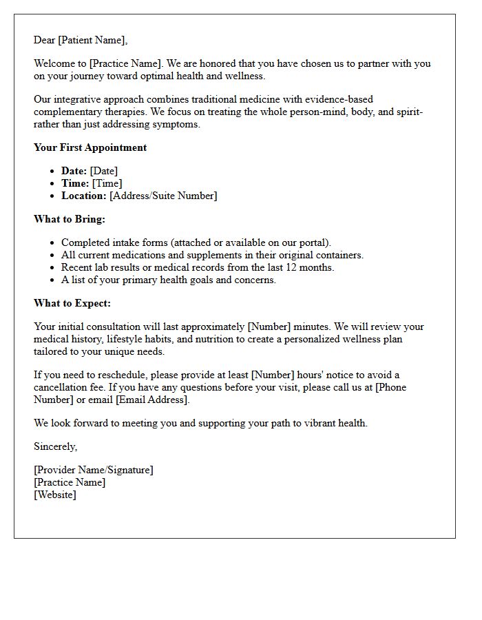 New Patient Integrative Health Welcome Letter