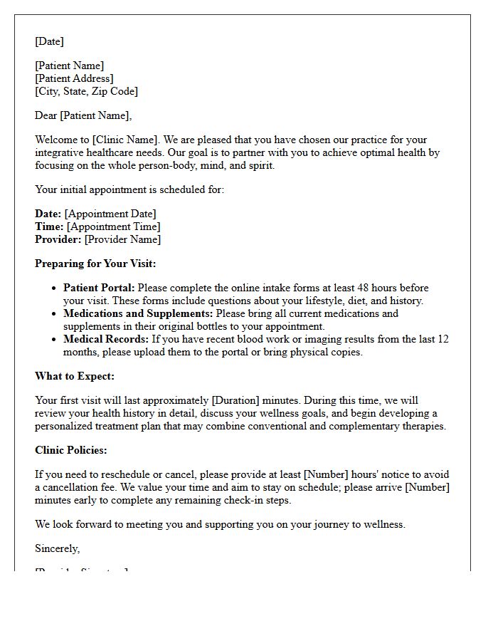 Integrative Medicine First Appointment Welcome Letter