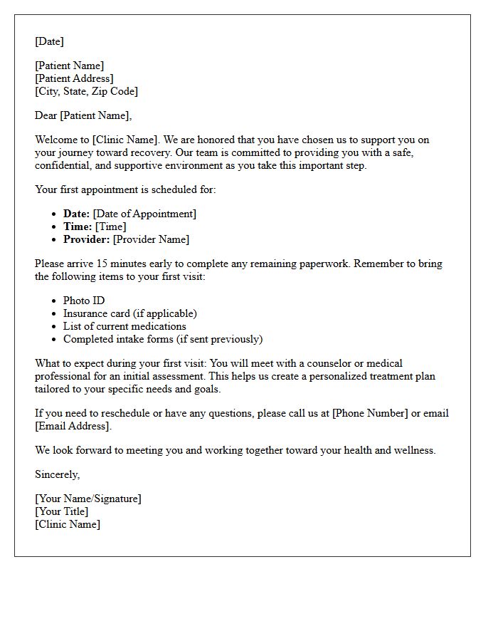 Substance Abuse Recovery Clinic New Patient Welcome Letter