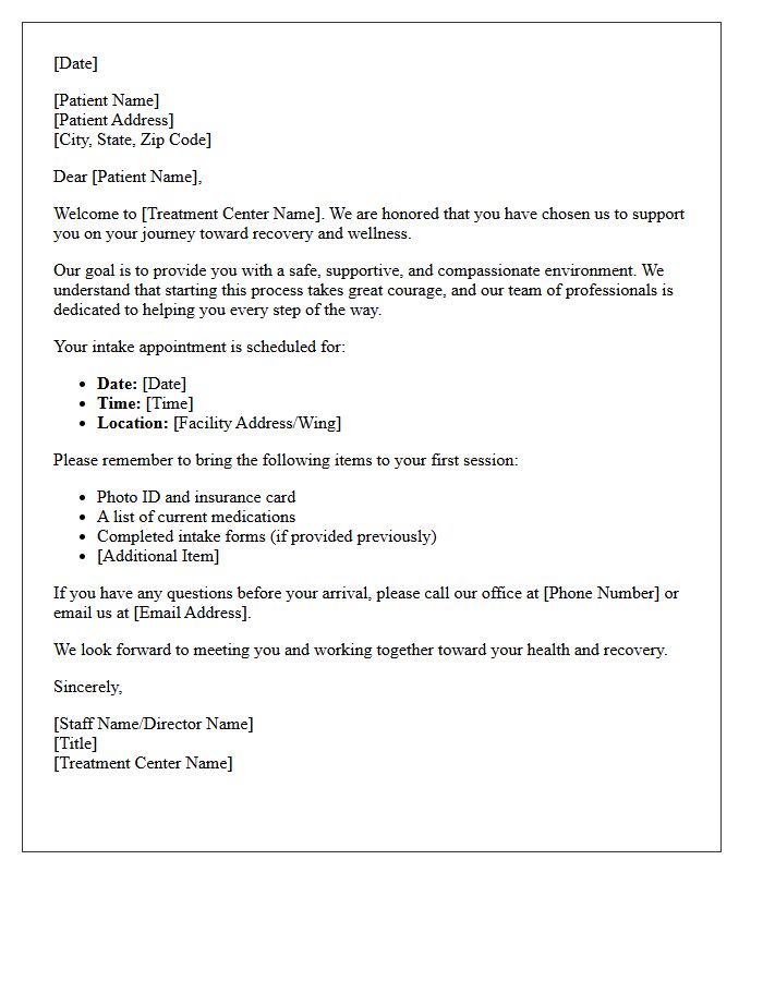 Addiction Treatment Center New Patient Welcome Letter
