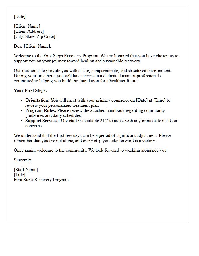 First Steps Recovery Program Welcome Letter
