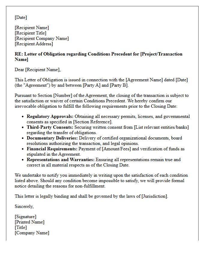 Conditions Precedent to Closing Letter of Obligation