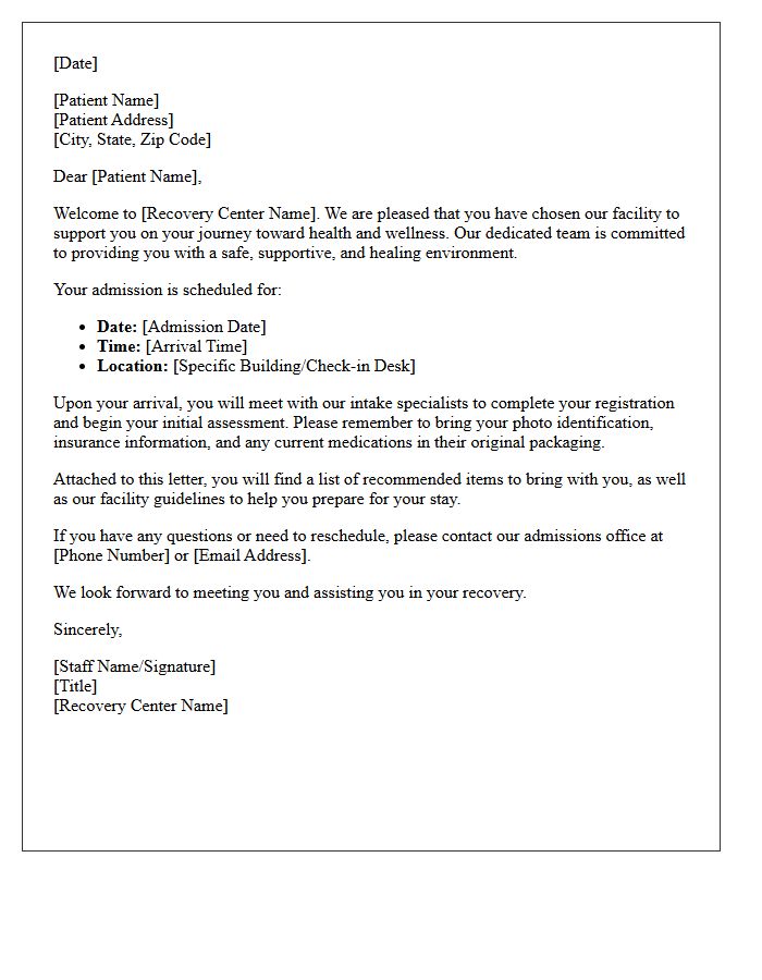 Recovery Center Admission Welcome Letter