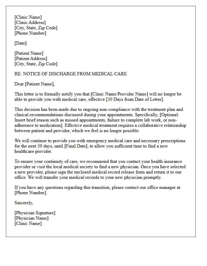 Medical Clinic Discharge Letter Due to Care Non-Compliance