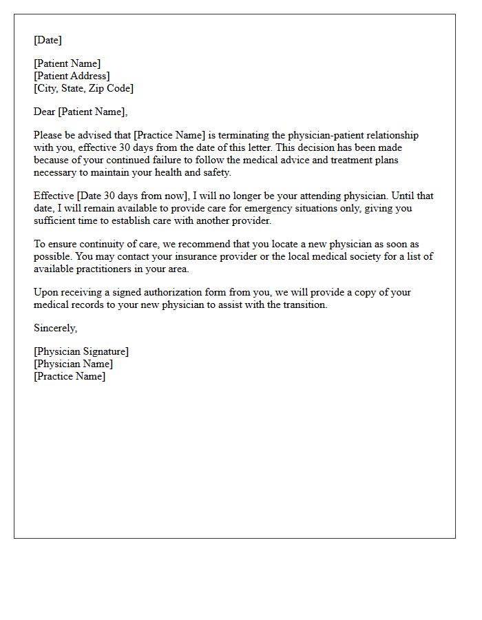 Patient Termination Letter for Failure to Follow Medical Advice