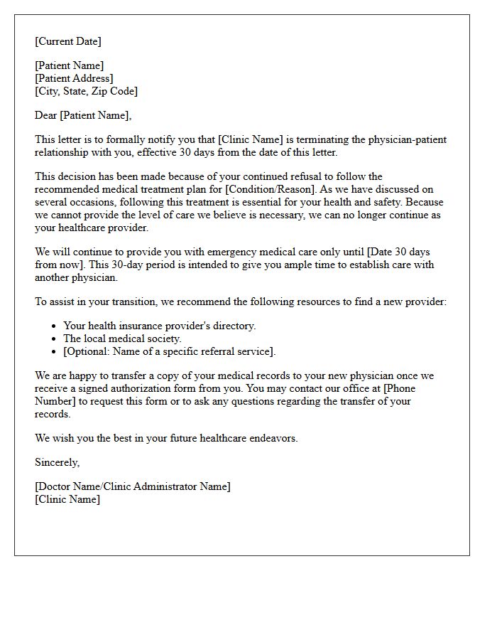 Clinic Dismissal Letter for Refusal of Recommended Treatment