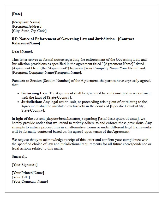 Governing Law and Jurisdiction Letter of Enforcement