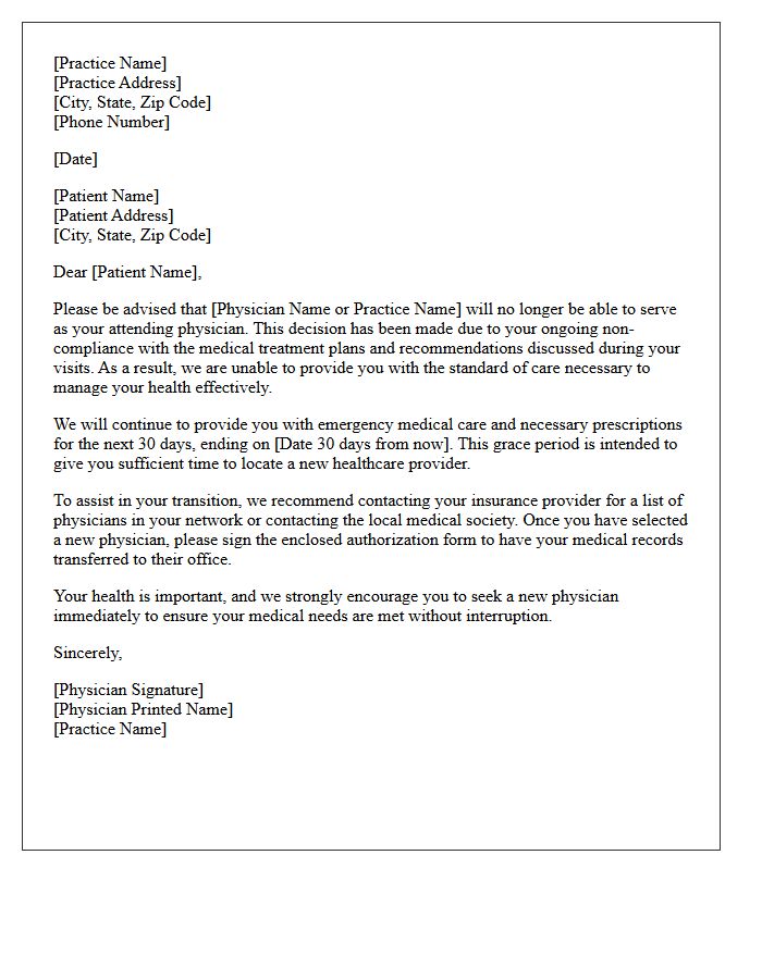 Physician Dismissal Letter for Ongoing Medical Non-Compliance