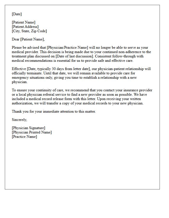Medical Care Termination Letter for Treatment Non-Adherence