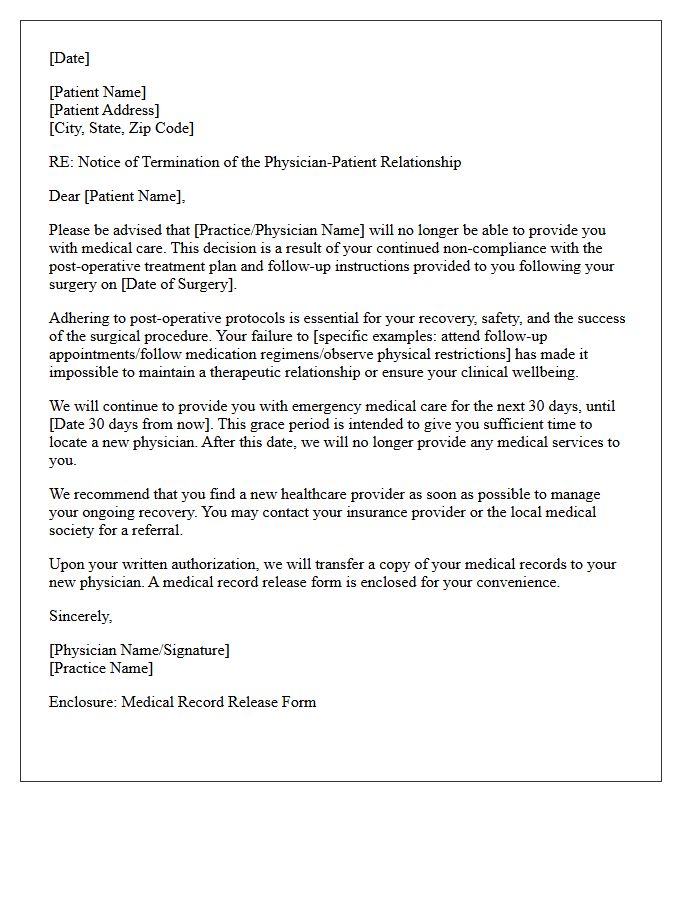 Notice of Dismissal Letter for Post-Operative Non-Compliance