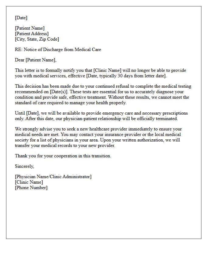 Clinic Discharge Letter for Refusal to Complete Medical Testing