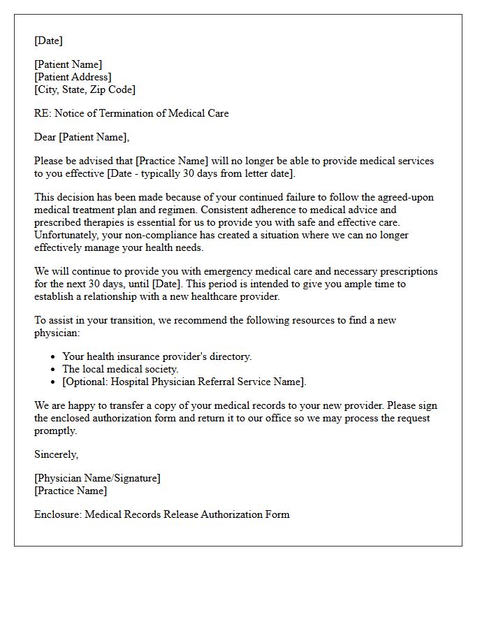 Provider Dismissal Letter for Failure to Maintain Medical Regimen