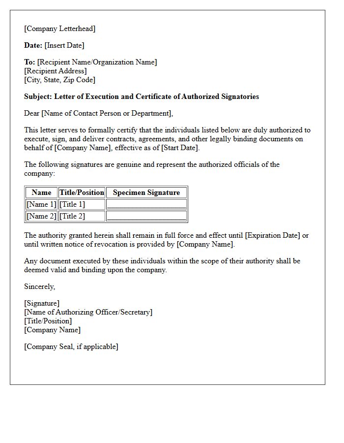 Authorized Signatories Letter of Execution