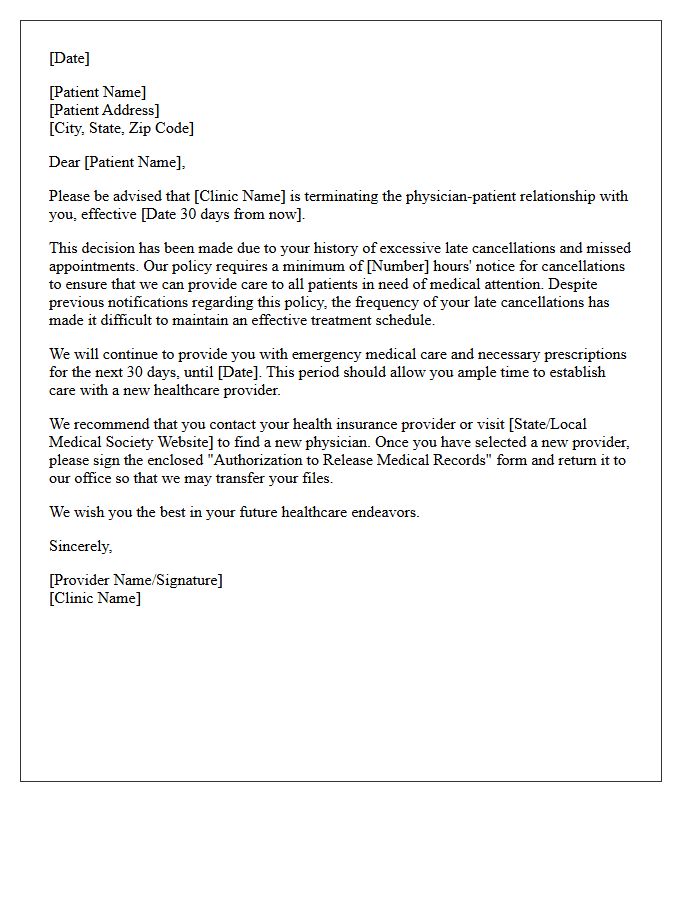 Medical Clinic Dismissal Letter for Excessive Late Cancellations