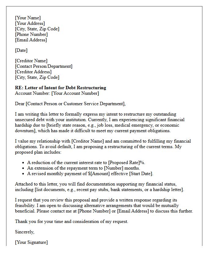 Letter of Intent for Unsecured Debt Restructuring