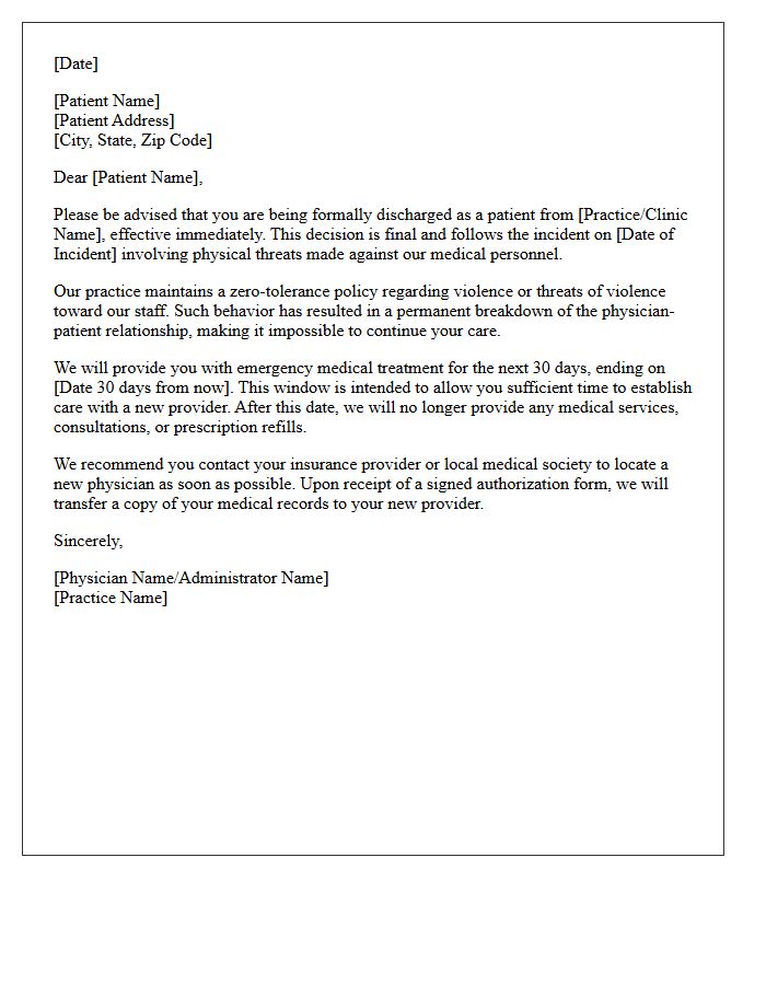 Patient Dismissal Letter For Physical Threats Against Medical Personnel