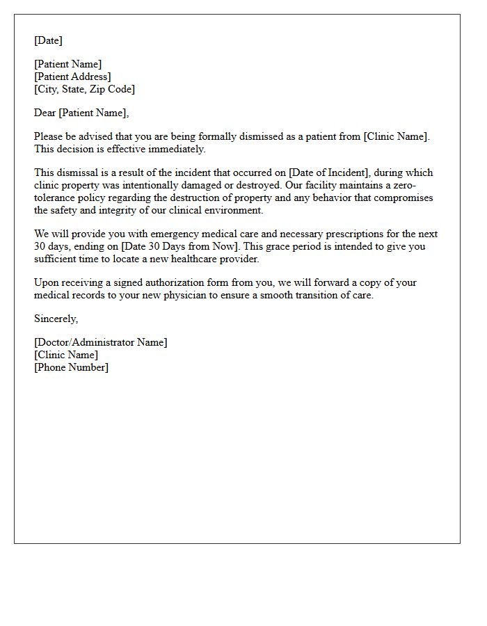 Patient Dismissal Letter For Destruction Of Clinic Property