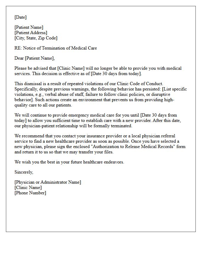 Patient Dismissal Letter For Repeated Violation Of Clinic Code Of Conduct