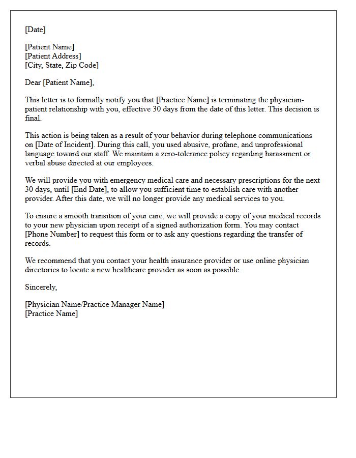 Patient Dismissal Letter For Abusive Language During Telephone Communications