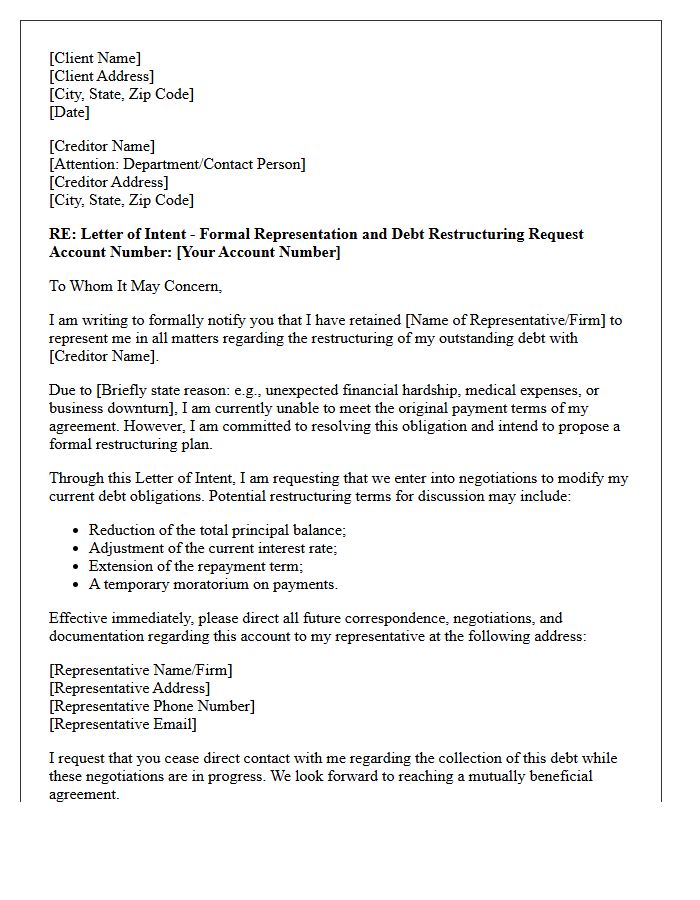 Client Representation Letter of Intent for Debt Restructuring