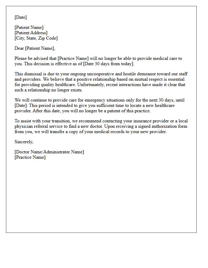 Patient Dismissal Letter For Uncooperative And Hostile Demeanor
