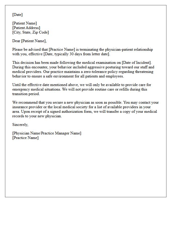 Patient Dismissal Letter For Aggressive Posturing During Medical Examination