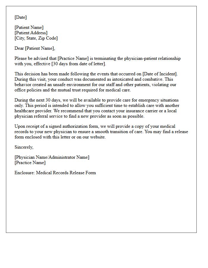 Patient Dismissal Letter For Intoxicated And Combative Conduct