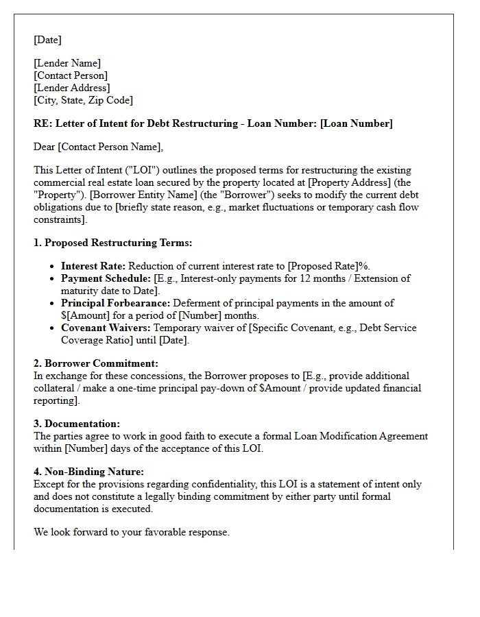 Letter of Intent for Commercial Real Estate Debt Restructuring