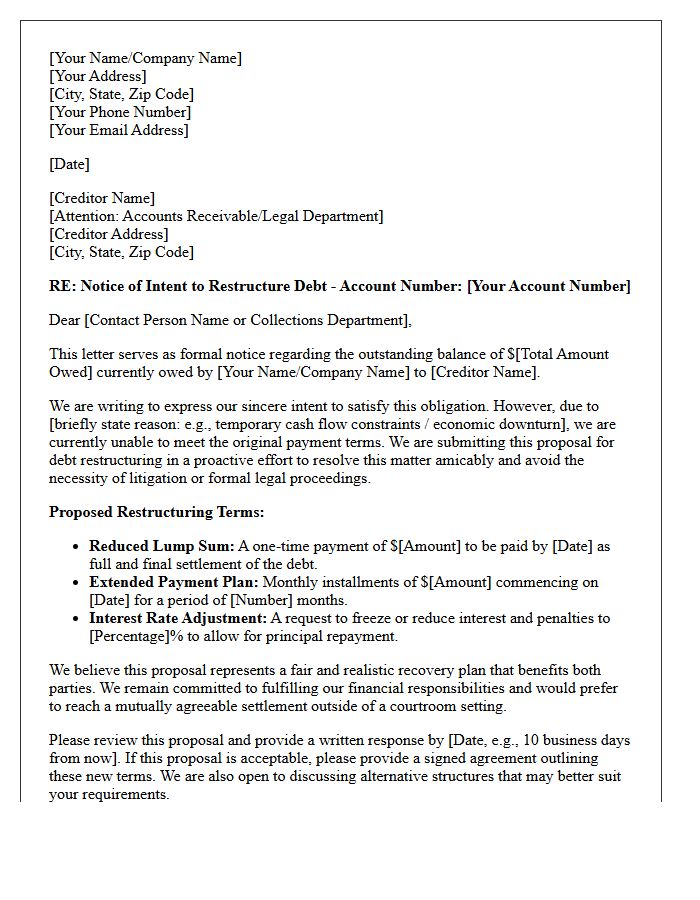 Pre-Litigation Letter of Intent for Debt Restructuring
