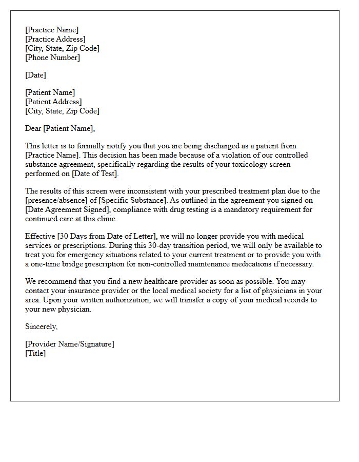 Toxicology Screen Failure Patient Dismissal Letter