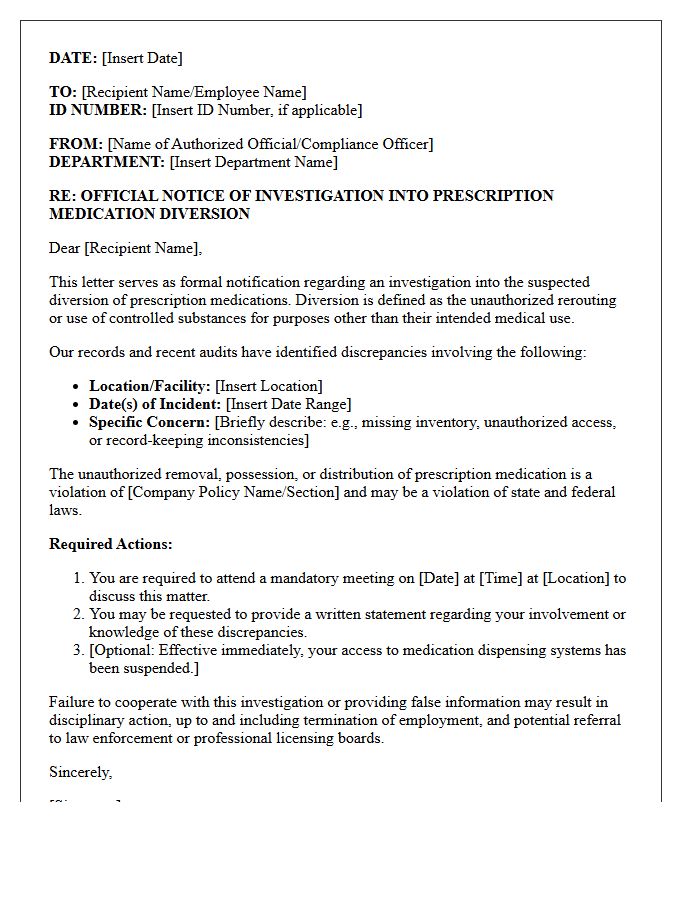 Prescription Medication Diversion Notice Letter