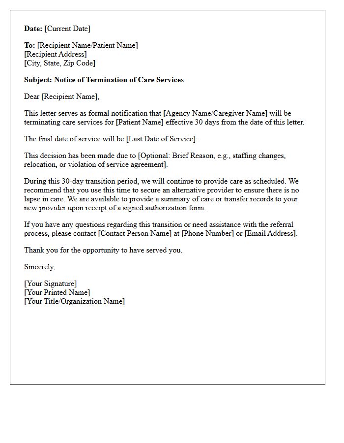 Thirty Day Notice Of Care Termination Letter