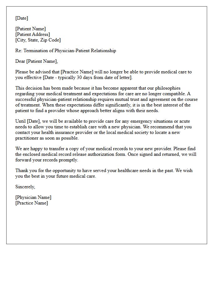 Patient Dismissal Letter Due To Incompatible Care Expectations