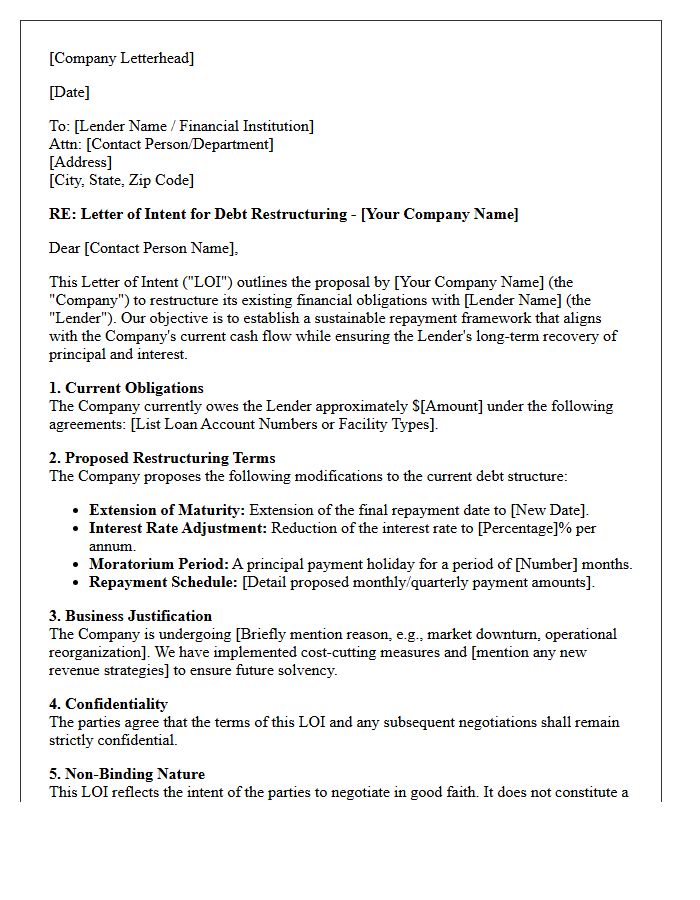 Letter of Intent for Corporate Debt Restructuring